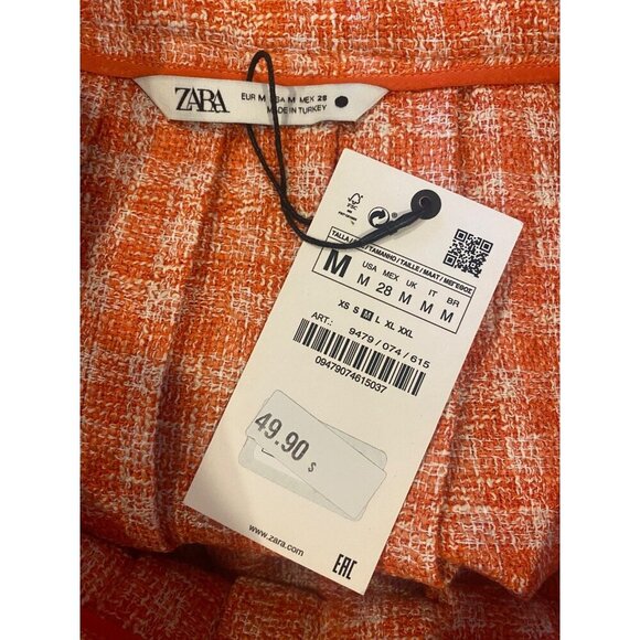 Zara Women's Orange Pleated Tweed Mini Skirt Blogger Fave Size Medium New - Picture 6 of 7